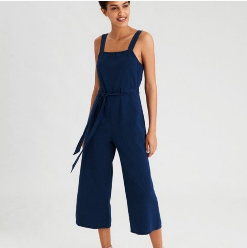 Wide Leg Cropped Denim Dark Wash Belted Sleeveless Jumpsuit American Eagle Sz 4